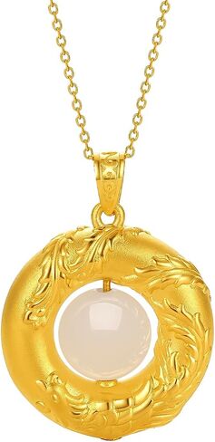 24K Solid Gold Pendant for Women, Real Pure Gold Phoenix Round Green White Nephrite Jade Bead Jewelry Dainty Pendant for Men Girlfriend (Not Include Necklace) in Saudi Arabia