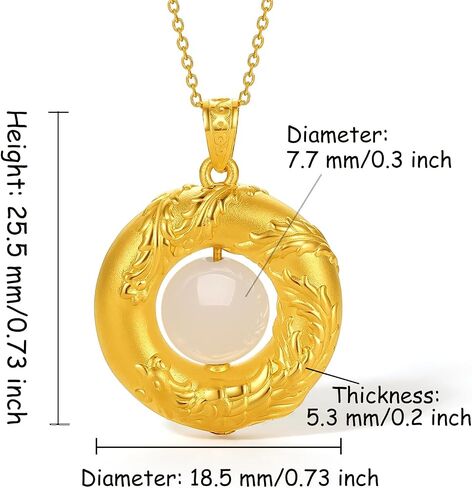 24K Solid Gold Pendant for Women, Real Pure Gold Phoenix Round Green White Nephrite Jade Bead Jewelry Dainty Pendant for Men Girlfriend (Not Include Necklace) in Saudi Arabia