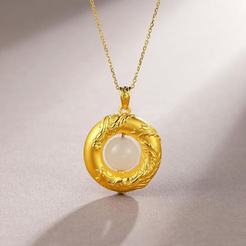 24K Solid Gold Pendant for Women, Real Pure Gold Phoenix Round Green White Nephrite Jade Bead Jewelry Dainty Pendant for Men Girlfriend (Not Include Necklace) in Saudi Arabia