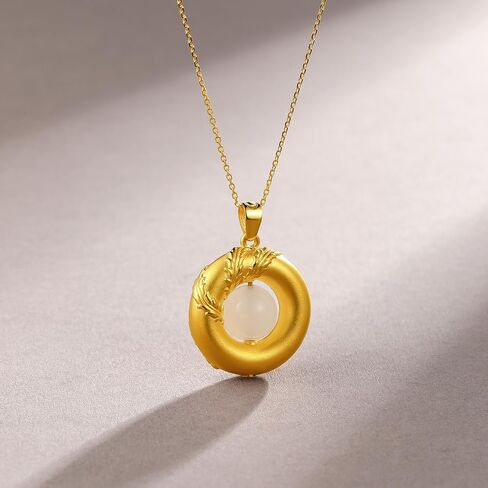 24K Solid Gold Pendant for Women, Real Pure Gold Phoenix Round Green White Nephrite Jade Bead Jewelry Dainty Pendant for Men Girlfriend (Not Include Necklace) in Saudi Arabia
