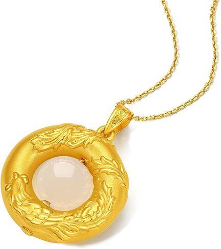 24K Solid Gold Pendant for Women, Real Pure Gold Phoenix Round Green White Nephrite Jade Bead Jewelry Dainty Pendant for Men Girlfriend (Not Include Necklace) in Saudi Arabia