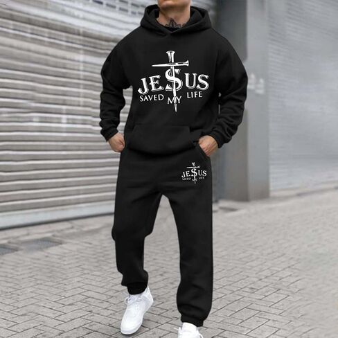 يسوع Sweatsuit الرجال 2 قطعة مجموعة المسيحية فضفاض قمصان سويت شيرت بقلنسوة الدينية مطاطا الخصر الركض Sweatpants in Kuwait