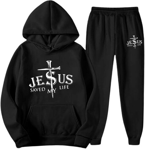 يسوع Sweatsuit الرجال 2 قطعة مجموعة المسيحية فضفاض قمصان سويت شيرت بقلنسوة الدينية مطاطا الخصر الركض Sweatpants in Kuwait
