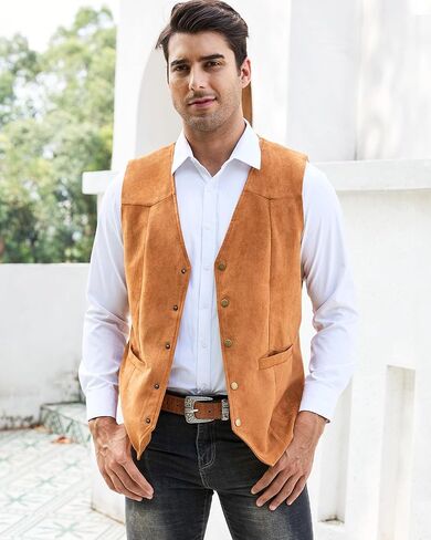 Men's Suede Leather Suit Vest V Neck Artificial Retro 5 Button Regular Vest Cowboy Style Sleeveless Jacket in Kuwait