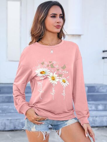 سويت شيرت نسائي مسيحي، سويت شيرت فضفاض كاجوال بأكمام طويلة وطبعة Faith Hope Love Daisy in Kuwait