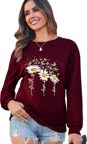 سويت شيرت نسائي مسيحي، سويت شيرت فضفاض كاجوال بأكمام طويلة وطبعة Faith Hope Love Daisy in Kuwait