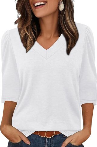 OFEEFAN Women's V Neck Shirts 3/4 Length Puff Sleeve Blouses Curved Hem Long Tunic Tops Dressy Casual S-3XL in Saudi Arabia