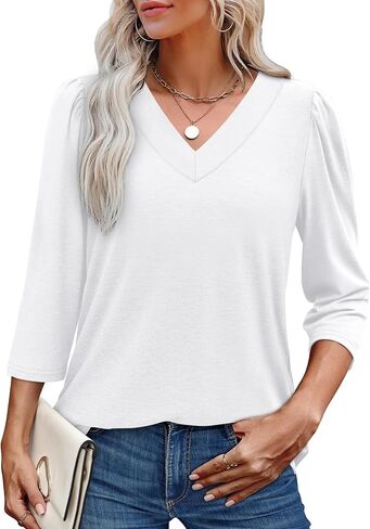OFEEFAN Women's V Neck Shirts 3/4 Length Puff Sleeve Blouses Curved Hem Long Tunic Tops Dressy Casual S-3XL in Saudi Arabia