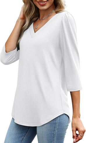 OFEEFAN Women's V Neck Shirts 3/4 Length Puff Sleeve Blouses Curved Hem Long Tunic Tops Dressy Casual S-3XL in Saudi Arabia