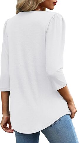 OFEEFAN Women's V Neck Shirts 3/4 Length Puff Sleeve Blouses Curved Hem Long Tunic Tops Dressy Casual S-3XL in Saudi Arabia