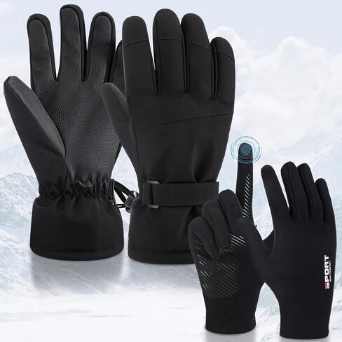 2 Set Ski Gloves with Ski Touchscreen Liners Waterproof with Wrist Leashes Snowboarding Winter Gloves for Women Men Suit for Outdoor Skiing Running Cycling Hiking Biking in Kuwait