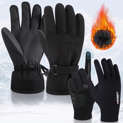 2 Set Ski Gloves with Ski Touchscreen Liners Waterproof with Wrist Leashes Snowboarding Winter Gloves for Women Men Suit for Outdoor Skiing Running Cycling Hiking Biking in Kuwait
