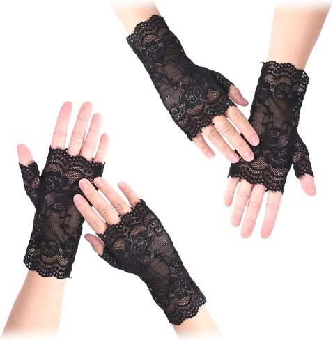2Pairs Women Short Lace Gloves Halloween Tea Party 1920s Short Gloves Fingerless Floral Gloves Bridal Prom Gloves for Wedding Party Costume in Saudi Arabia