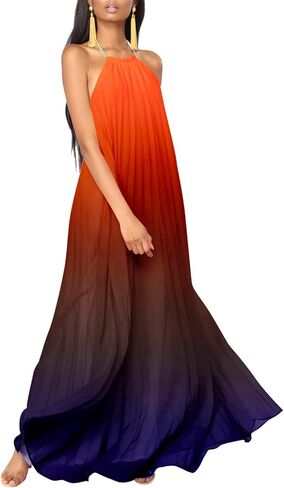 Paintcolors المرأة الرسن بلا أكمام فستان طويل ماكسي عارية الذراعين عادية فضفاض أومبير الصيف الشاطئ الشيفون فستان الشمس فلوي in Kuwait