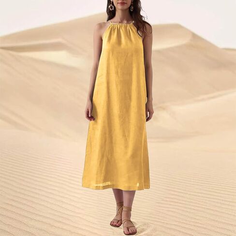 Formal Dresses for Women Crewneck Comfy Elegant Ankle Length Maxi Dress Cotton Linen Blend Sundress Plus Size in Kuwait