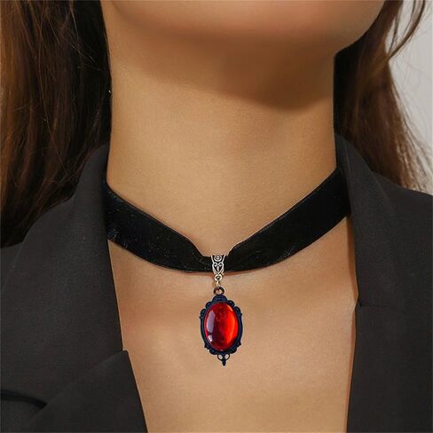 Dreuyet Gothic Crystal Cameo Velvet Choker Necklace for Women Vintage Crystal Glass Red Green Purple Necklace Black Goth Mystic Victorian Collar Punk Style Halloween Costume Jewelry in Saudi Arabia
