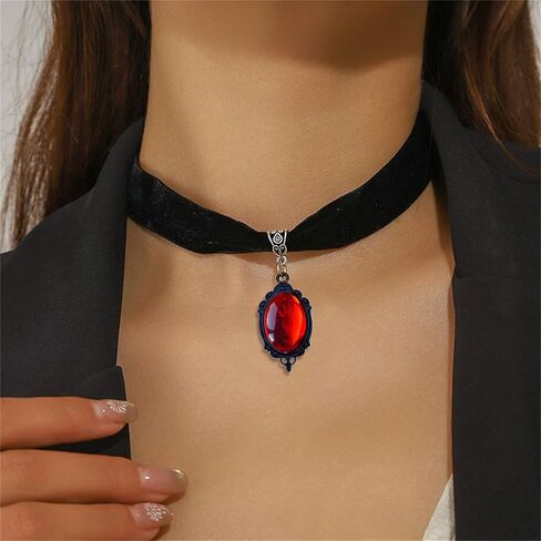 Dreuyet Gothic Crystal Cameo Velvet Choker Necklace for Women Vintage Crystal Glass Red Green Purple Necklace Black Goth Mystic Victorian Collar Punk Style Halloween Costume Jewelry in Saudi Arabia