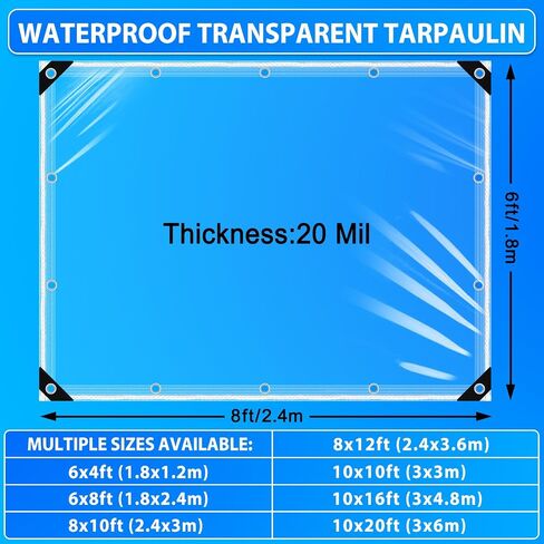 قماش القنب الشفاف مع الحلقات مقاس 6 × 8 أقدام، قماش فينيل PVC الشفاف شديد التحمل مقاوم للماء 20 مل لوحة حاوية الشرفة الشتوية، قماش مظلة شفاف مقاوم للمطر للتخييم، غطاء أقفاص الدجاج in Kuwait