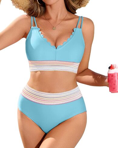 Women Scalloped High Waisted Bikini Sets Tummy Control Swimsuits Color Block Two Piece Bathing Suit in Saudi Arabia