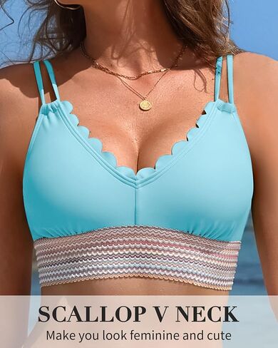 Women Scalloped High Waisted Bikini Sets Tummy Control Swimsuits Color Block Two Piece Bathing Suit in Saudi Arabia