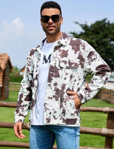 Cow Print Trucker Jacket for Men Western Cowboy Unlined Coats Cute Animal Tops Holiday Gifts in Saudi Arabia