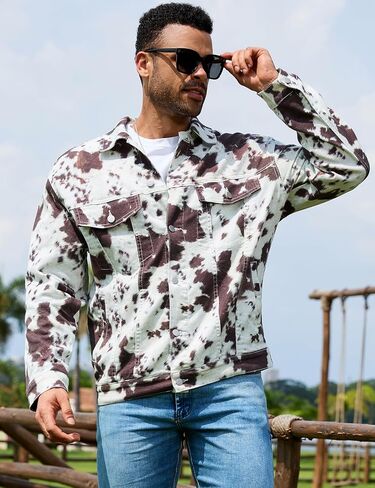 Cow Print Trucker Jacket for Men Western Cowboy Unlined Coats Cute Animal Tops Holiday Gifts in Saudi Arabia