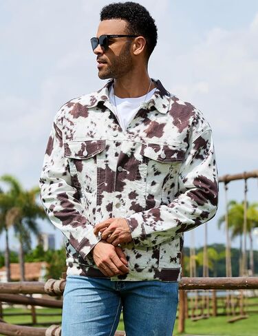 Cow Print Trucker Jacket for Men Western Cowboy Unlined Coats Cute Animal Tops Holiday Gifts in Saudi Arabia