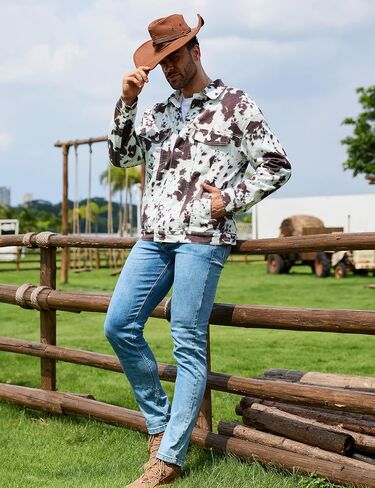 Cow Print Trucker Jacket for Men Western Cowboy Unlined Coats Cute Animal Tops Holiday Gifts in Saudi Arabia