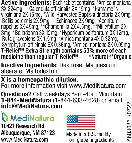 MediNatura T-Relief قوة إضافية من زهرة الأرنيكا + 12 نشاطًا طبيعيًا للمعالجة المثلية لآلام العضلات المفصلية وآلامها للنساء والرجال - 250 قرصًا in Kuwait