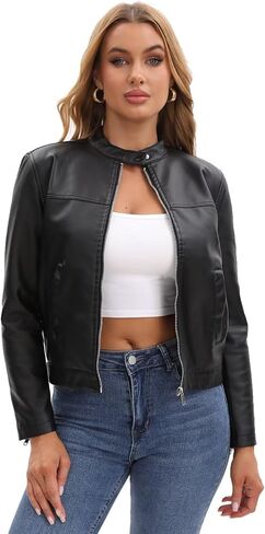 Women's Faux Leather Motorcycle Jacket Casual Zip-Up Biker Trendy Coat with Pockets in Saudi Arabia