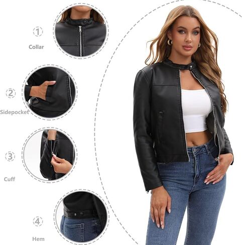 Women's Faux Leather Motorcycle Jacket Casual Zip-Up Biker Trendy Coat with Pockets in Saudi Arabia