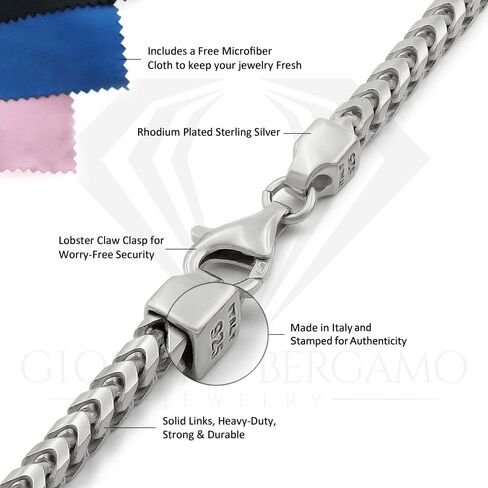 Giorgio Bergamo 925 Italian Sterling Silver 1mm - 5.5mm Solid Franco Chain, Rhodium Plated Square Box Link Necklace, Bracelet or Anklet in Saudi Arabia