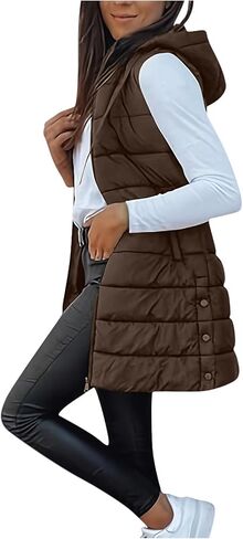 Women's Puffy Vest Jackets Lightweight Mid-Length Hood Waistcoat Sleeveless Zipper Fall Winter Warm Outerwear Coat in Saudi Arabia