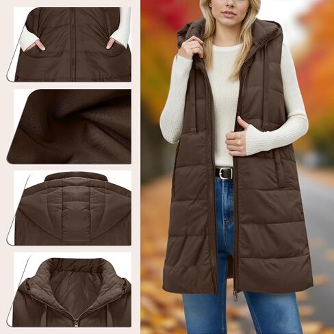 Women's Puffy Vest Jackets Lightweight Mid-Length Hood Waistcoat Sleeveless Zipper Fall Winter Warm Outerwear Coat in Saudi Arabia