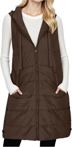 Women's Puffy Vest Jackets Lightweight Mid-Length Hood Waistcoat Sleeveless Zipper Fall Winter Warm Outerwear Coat in Saudi Arabia
