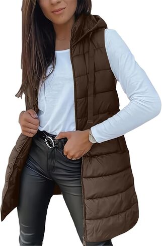 Women's Puffy Vest Jackets Lightweight Mid-Length Hood Waistcoat Sleeveless Zipper Fall Winter Warm Outerwear Coat in Saudi Arabia