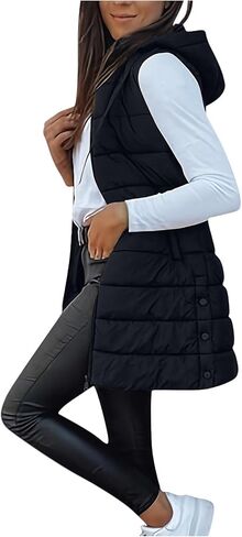Women's Puffy Vest Jackets Lightweight Mid-Length Hood Waistcoat Sleeveless Zipper Fall Winter Warm Outerwear Coat in Saudi Arabia