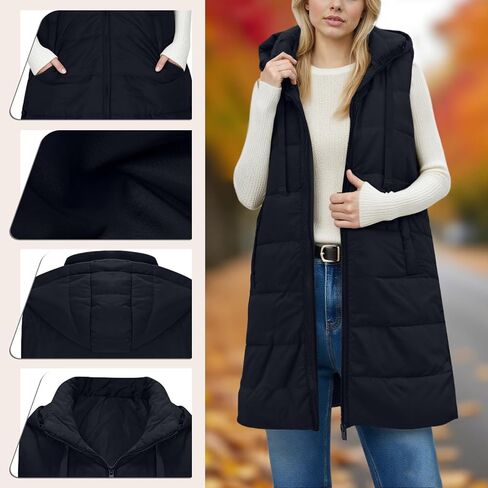 Women's Puffy Vest Jackets Lightweight Mid-Length Hood Waistcoat Sleeveless Zipper Fall Winter Warm Outerwear Coat in Saudi Arabia