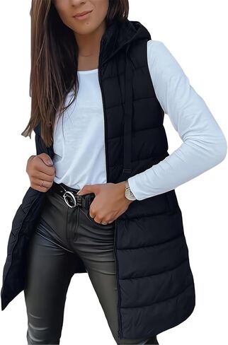 Women's Puffy Vest Jackets Lightweight Mid-Length Hood Waistcoat Sleeveless Zipper Fall Winter Warm Outerwear Coat in Saudi Arabia