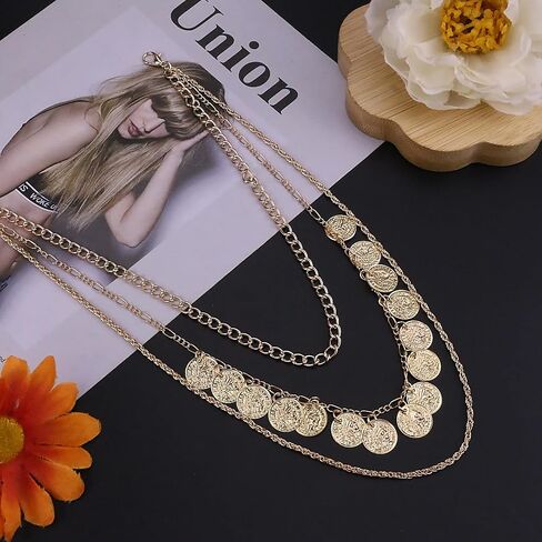Gold Pirate Necklace for Women Vintage Chunky Layered Pirate Choker Necklaces Coin Pendant Chain Necklaces Punk 80s 90s Necklace Halloween Prom Pirates Costume Accessories in Saudi Arabia