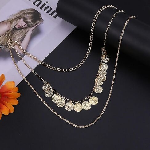 Gold Pirate Necklace for Women Vintage Chunky Layered Pirate Choker Necklaces Coin Pendant Chain Necklaces Punk 80s 90s Necklace Halloween Prom Pirates Costume Accessories in Saudi Arabia