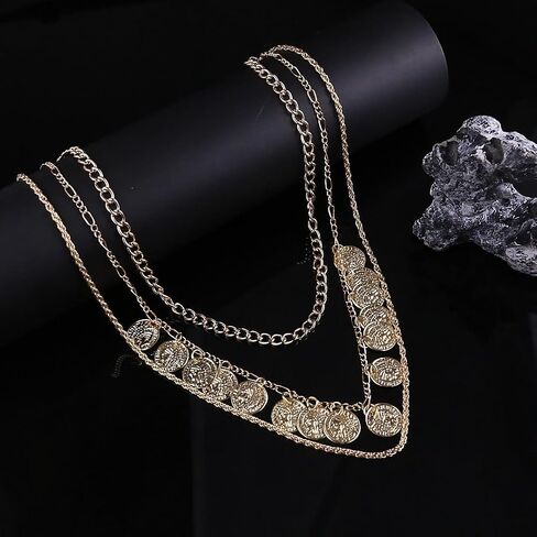 Gold Pirate Necklace for Women Vintage Chunky Layered Pirate Choker Necklaces Coin Pendant Chain Necklaces Punk 80s 90s Necklace Halloween Prom Pirates Costume Accessories in Saudi Arabia