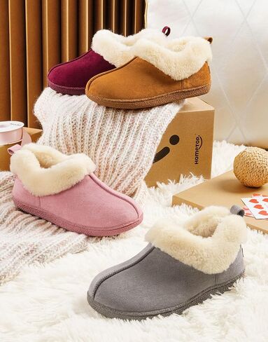 HomeTop Women's Closed-back Slippers Faux Wool Warm Non-slip Outdoor Indoor House Shoes with Fuzzy Collar in Kuwait
