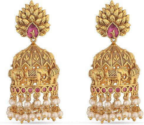 Tarinika Antique Gold Plated Vibhati Jhumkas with Temple Design - Indian Earrings for Women | Perfect for Ethnic Occasions | Traditional South Indian Jewelry | 1 Year Warranty* in Saudi Arabia