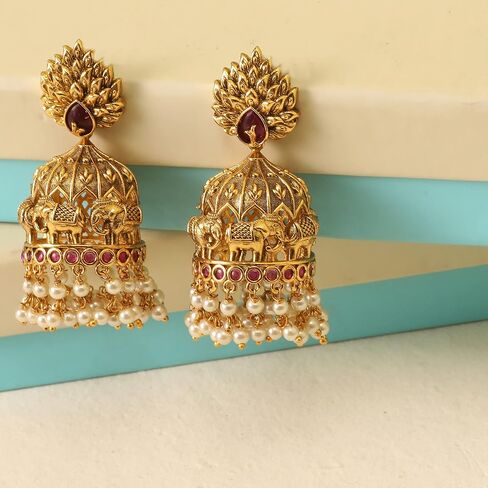 Tarinika Antique Gold Plated Vibhati Jhumkas with Temple Design - Indian Earrings for Women | Perfect for Ethnic Occasions | Traditional South Indian Jewelry | 1 Year Warranty* in Saudi Arabia