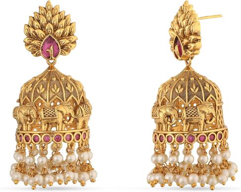 Tarinika Antique Gold Plated Vibhati Jhumkas with Temple Design - Indian Earrings for Women | Perfect for Ethnic Occasions | Traditional South Indian Jewelry | 1 Year Warranty* in Saudi Arabia