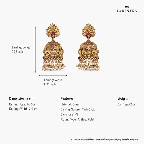 Tarinika Antique Gold Plated Vibhati Jhumkas with Temple Design - Indian Earrings for Women | Perfect for Ethnic Occasions | Traditional South Indian Jewelry | 1 Year Warranty* in Saudi Arabia