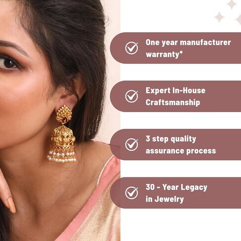 Tarinika Antique Gold Plated Vibhati Jhumkas with Temple Design - Indian Earrings for Women | Perfect for Ethnic Occasions | Traditional South Indian Jewelry | 1 Year Warranty* in Saudi Arabia