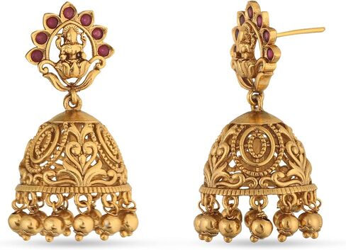 Tarinika Antique Gold Plated Vibhati Jhumkas with Temple Design - Indian Earrings for Women | Perfect for Ethnic Occasions | Traditional South Indian Jewelry | 1 Year Warranty* in Saudi Arabia