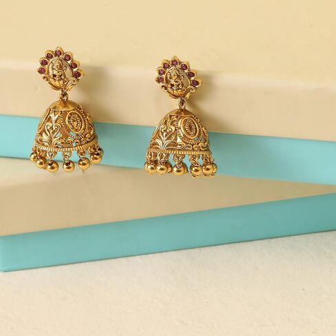 Tarinika Antique Gold Plated Vibhati Jhumkas with Temple Design - Indian Earrings for Women | Perfect for Ethnic Occasions | Traditional South Indian Jewelry | 1 Year Warranty* in Saudi Arabia